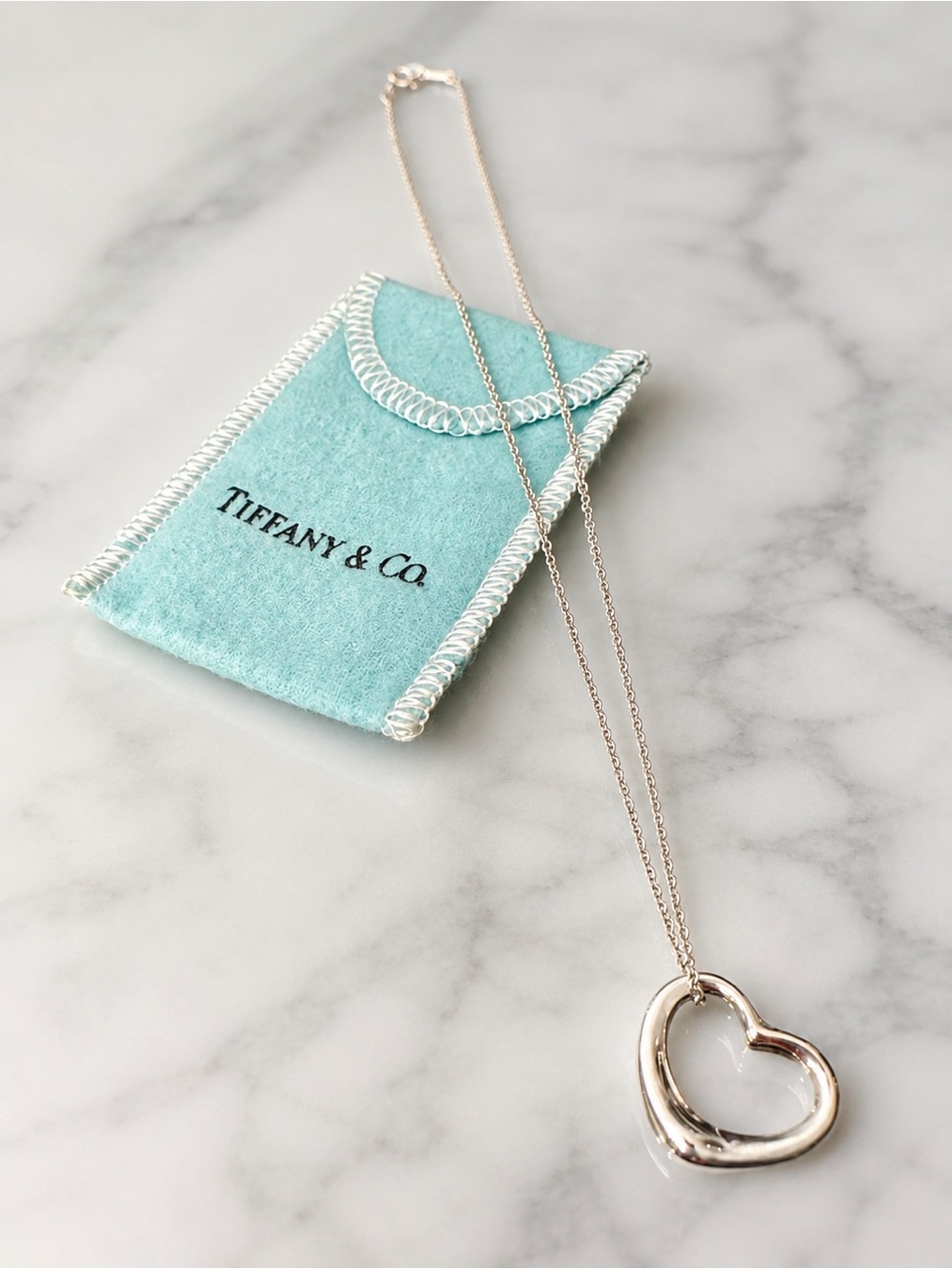 Authentic Tiffany & Co. Sterling Silver Open Large Heart Necklace w/ Blue Pouch
